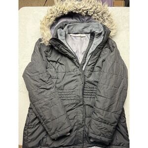 Free Tech Girls Gray Hooded Puffer Jacket Faux Fur Trim Mid-Length Size 12-14